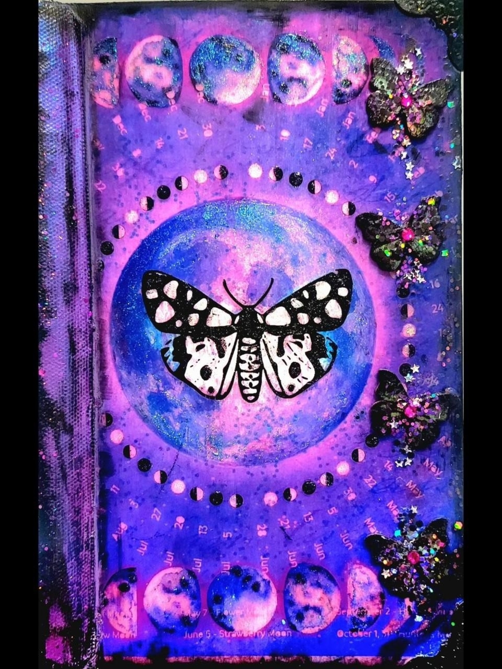 Moon Moth Handmade Journal Sparkly Purple and Pink Nature Moon Unique Notebook